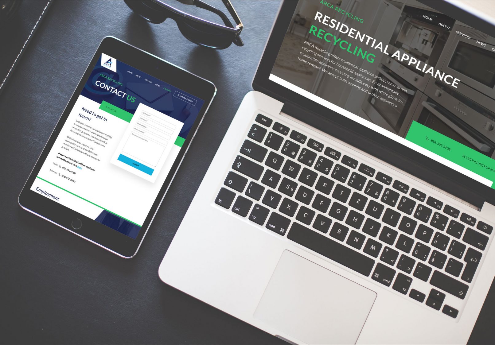 tablet and laptop view of arca contact and residential page