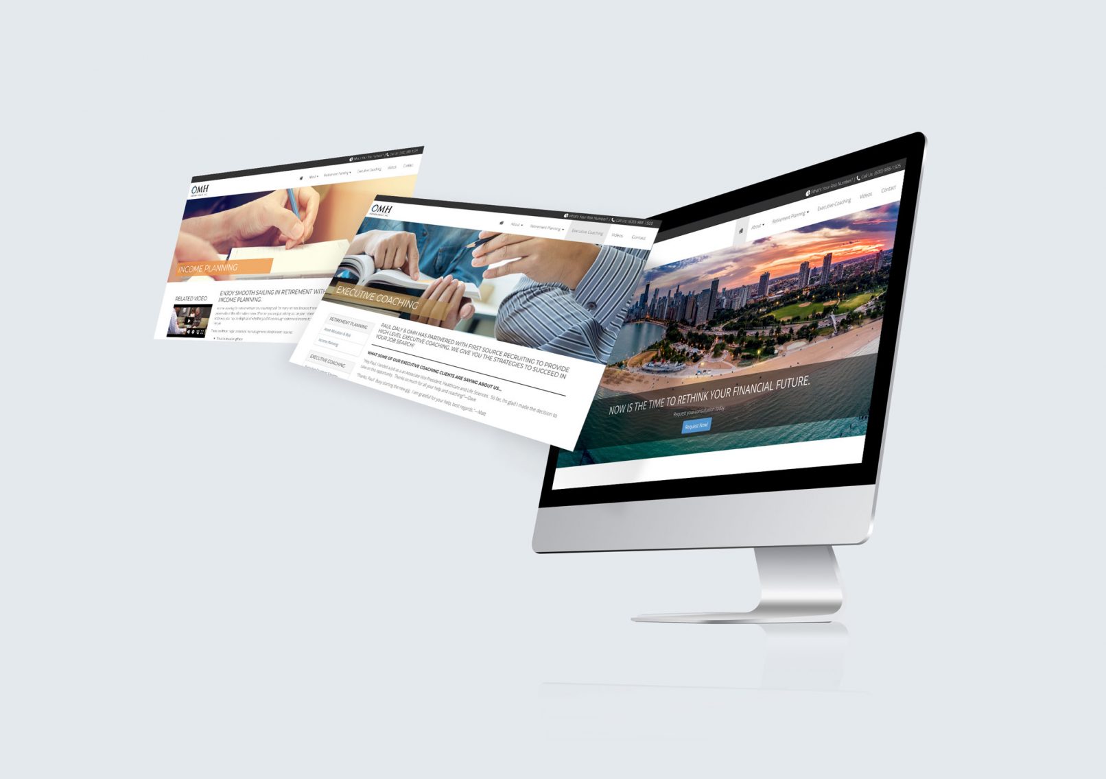 3 screen mockup of pages on omh website